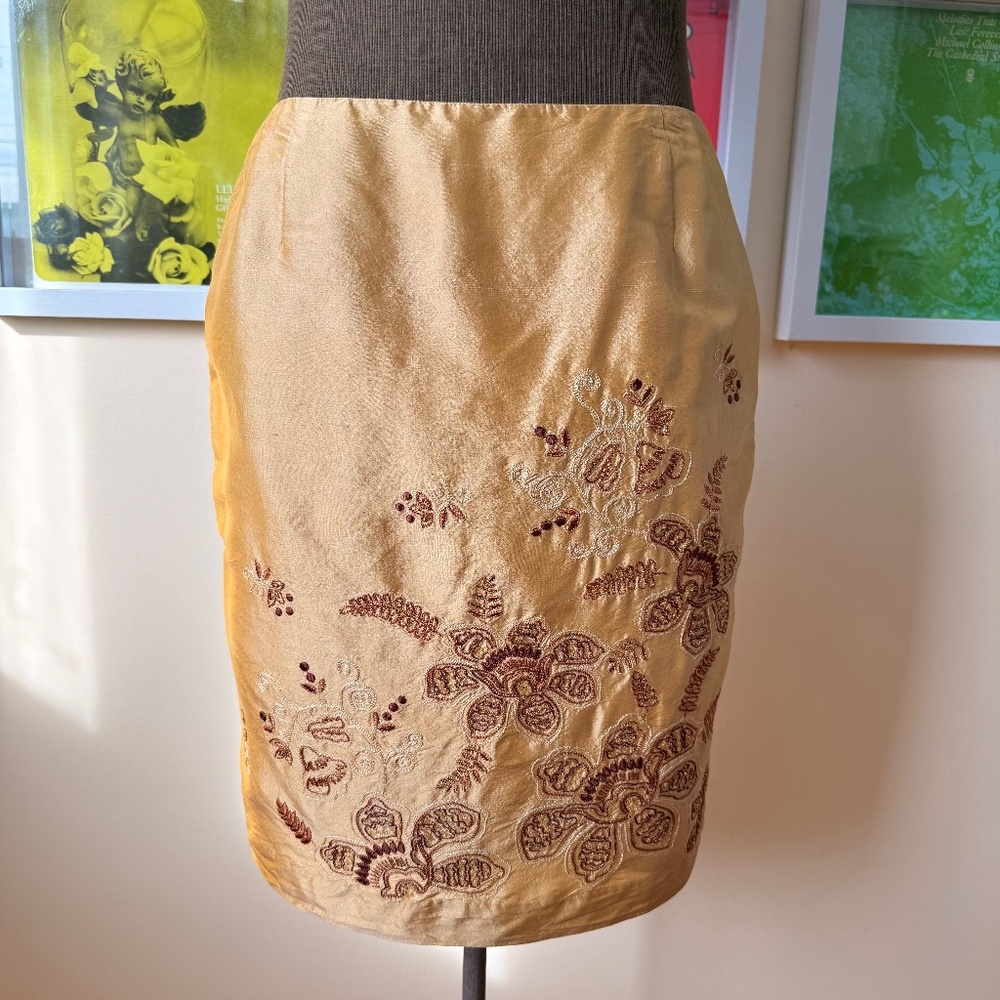 Vintage Gold Silk Mini Skirt – Y2K Embroidered Floral Slip Skirt